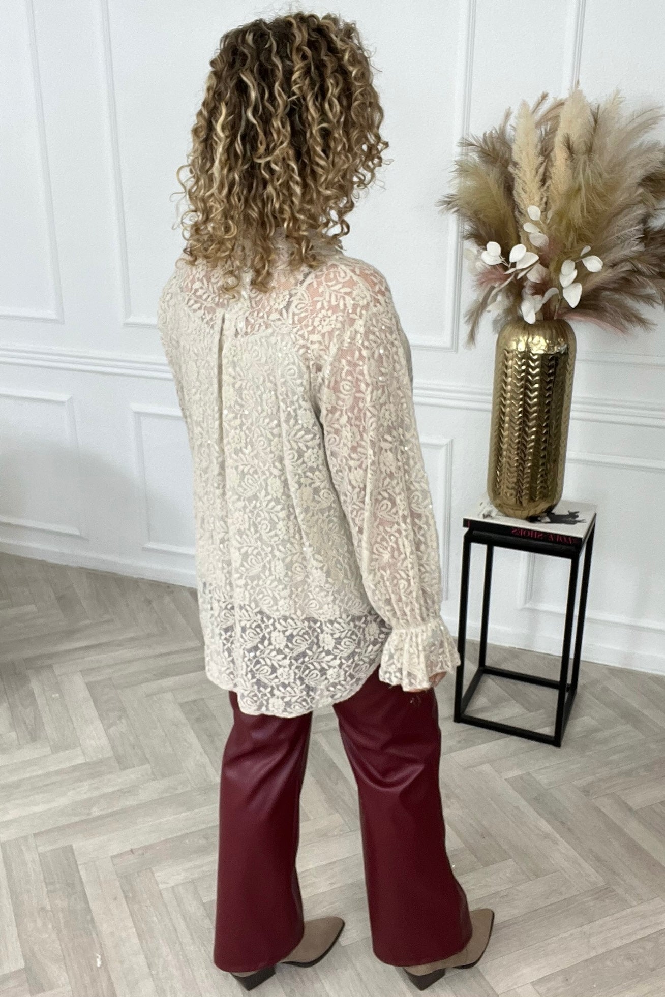 Glitter Lace V Neck Blouse - Beige