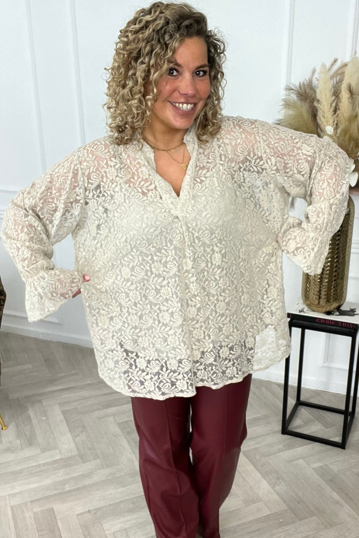 Glitter Lace V Neck Blouse - Beige