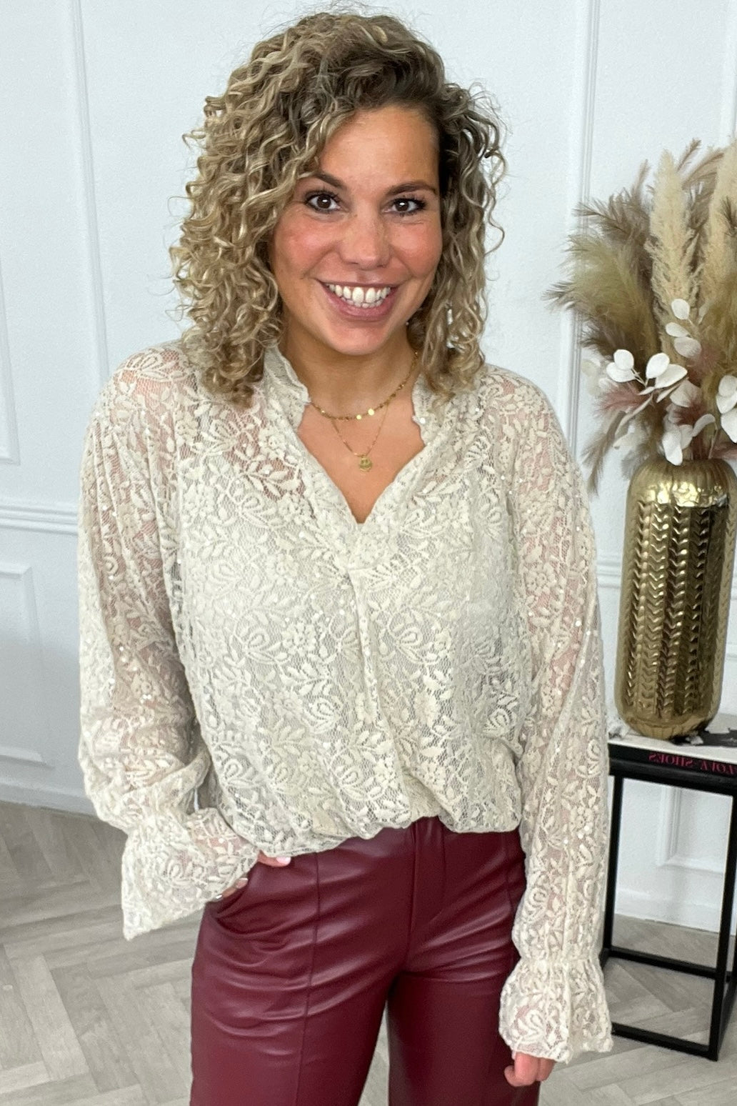 Glitter Lace V Neck Blouse - Beige