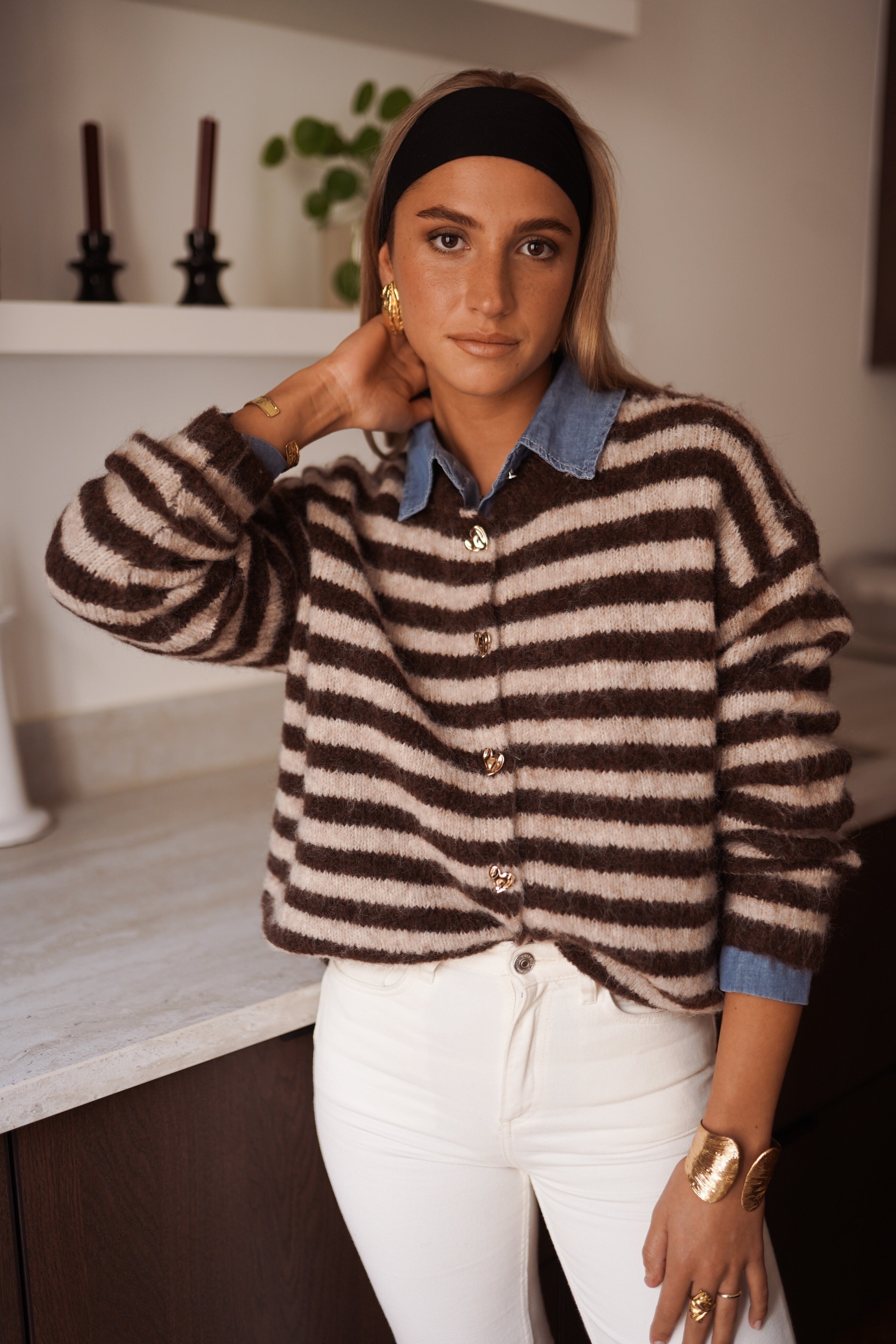 Ariane Striped Button Vest - Brown/Beige