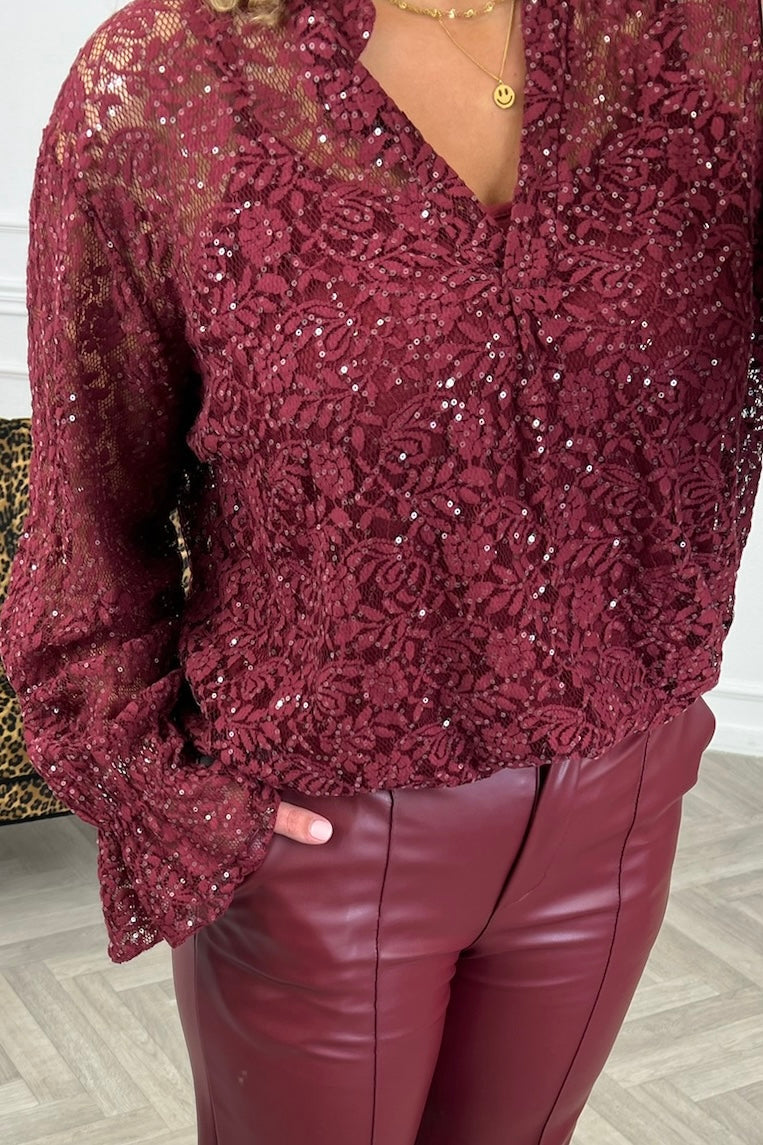 Glitter Lace V Neck Blouse - Bordeaux