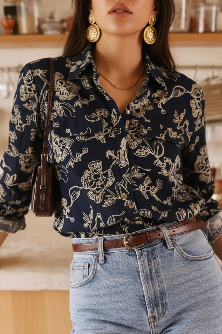 Sèrena Broderie Pocket Blouse - Navy/Beige