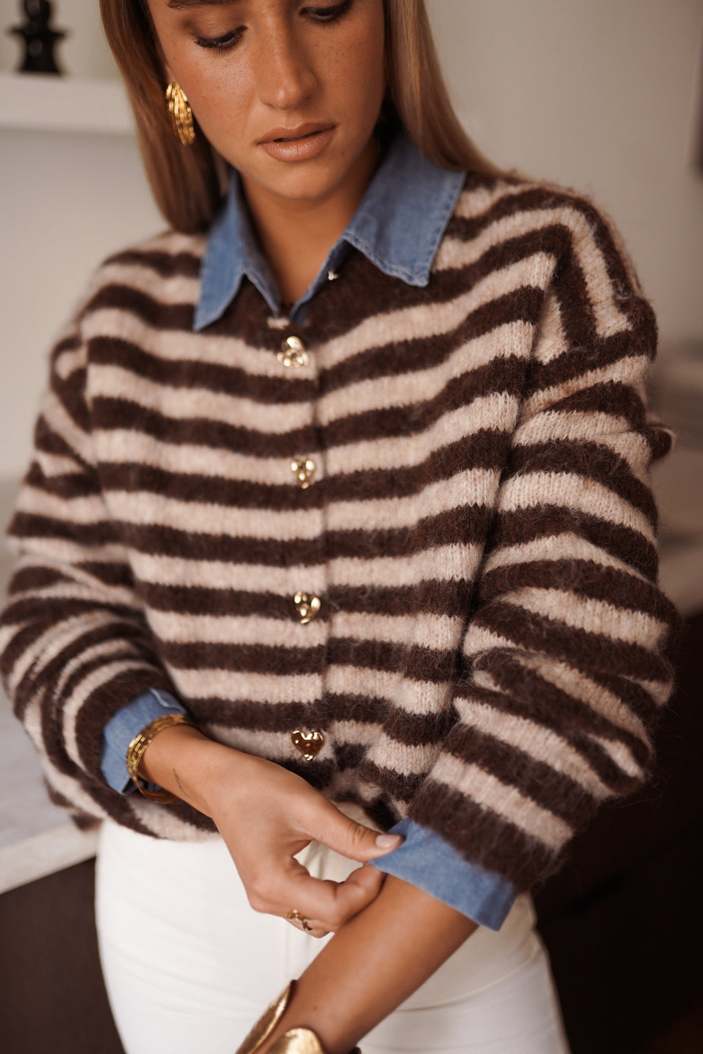Ariane Striped Button Vest - Brown/Beige