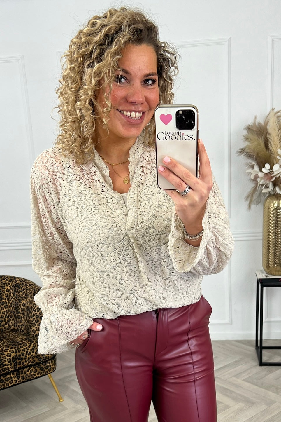 Glitter Lace V Neck Blouse - Beige