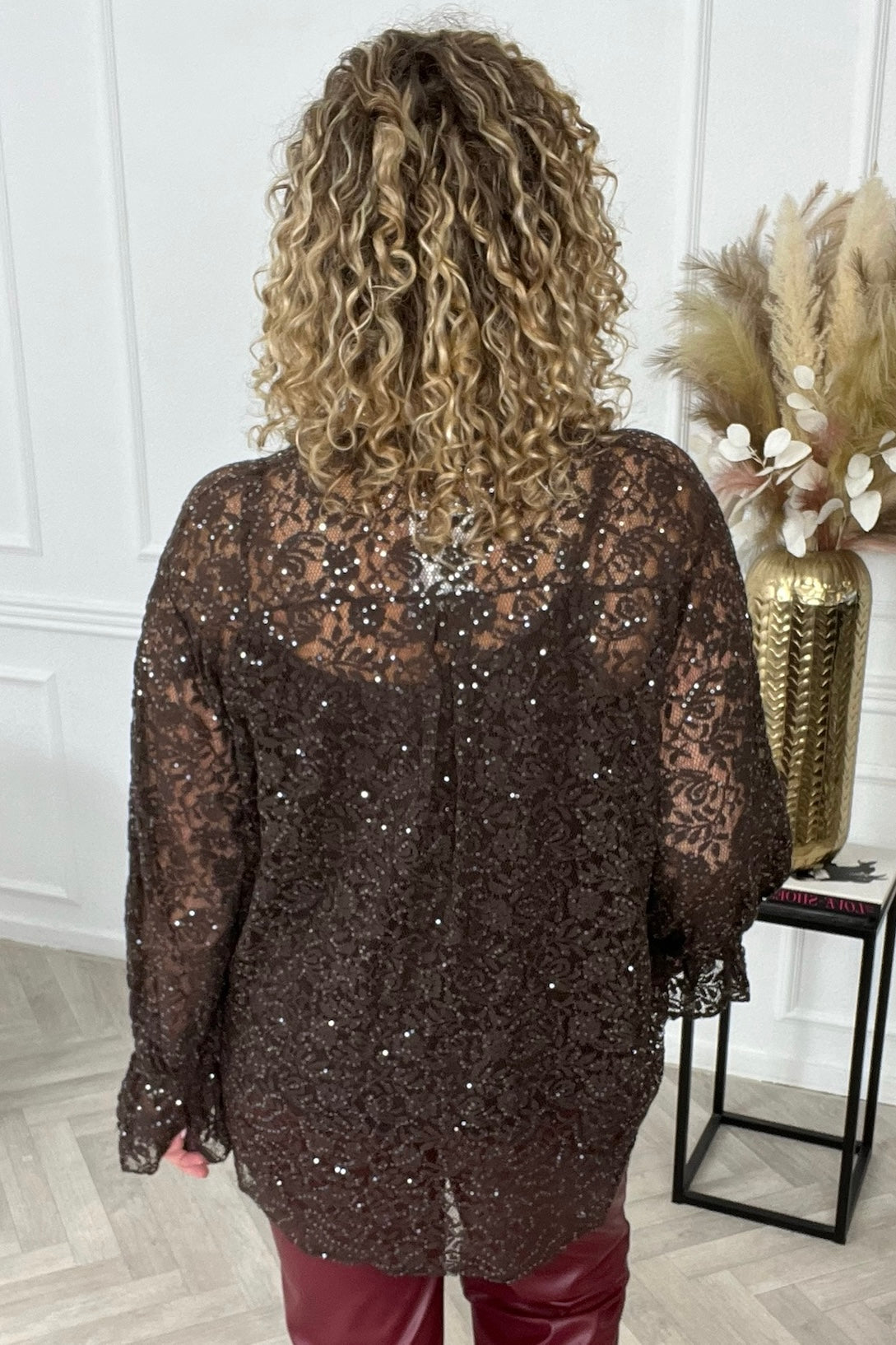 Glitter Lace V Neck Blouse - Brown