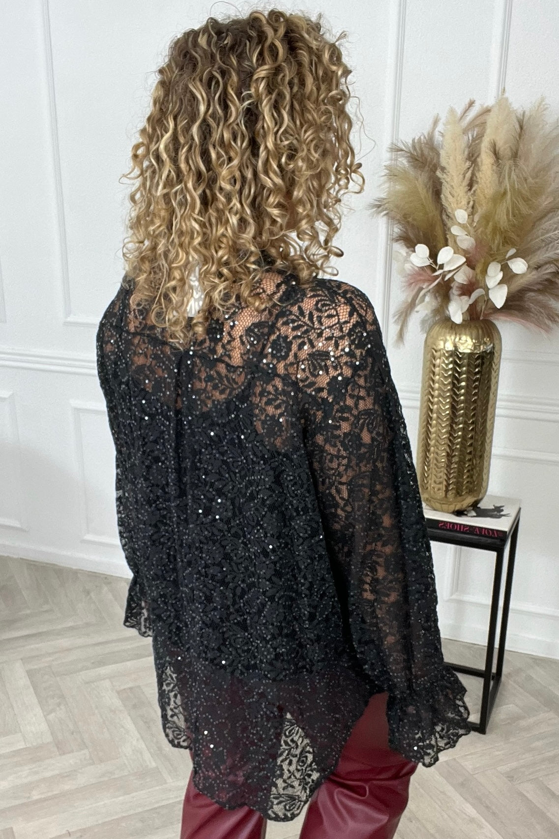 Glitter Lace V Neck Blouse - Black