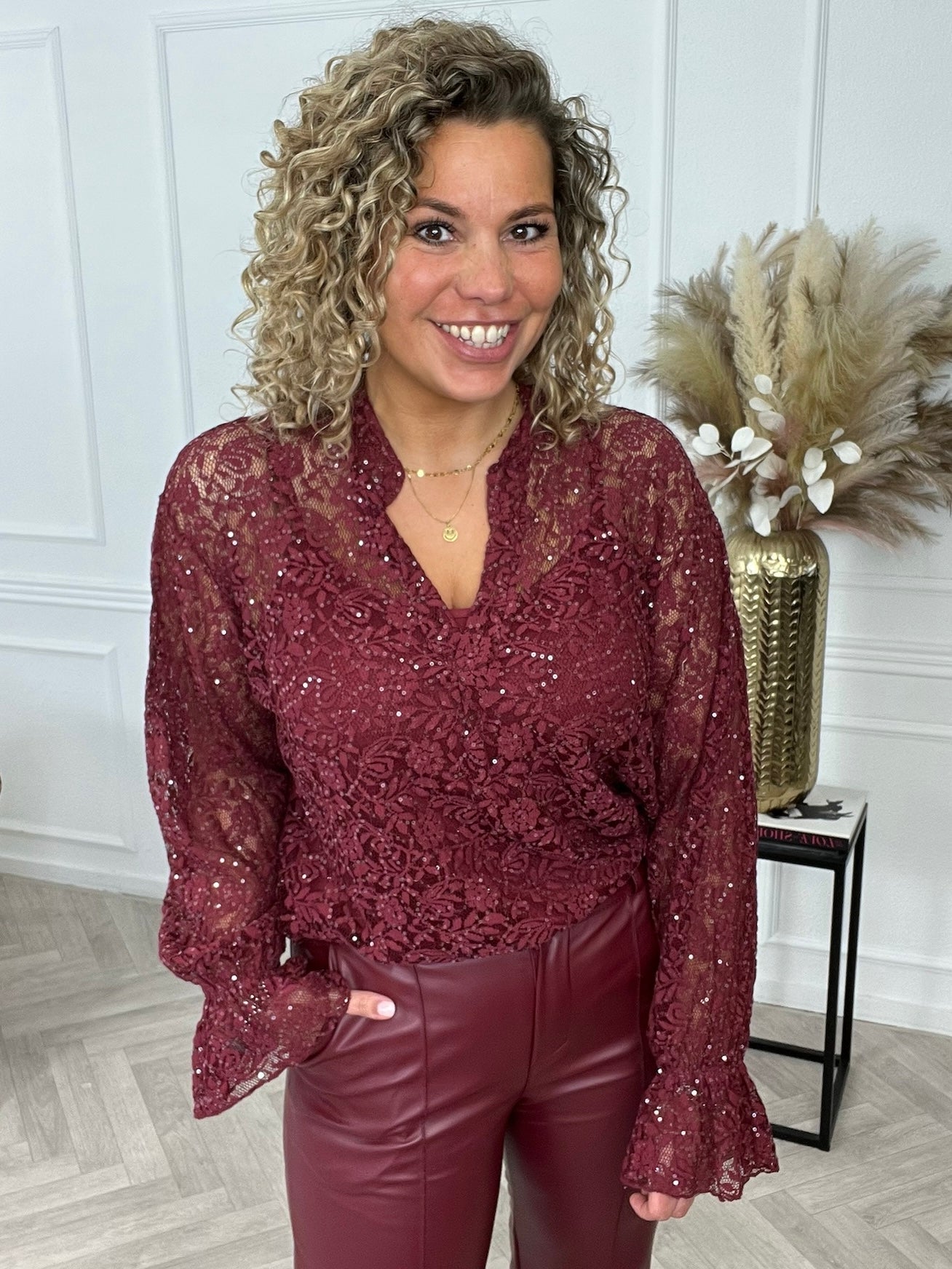 Glitter Lace V Neck Blouse - Bordeaux