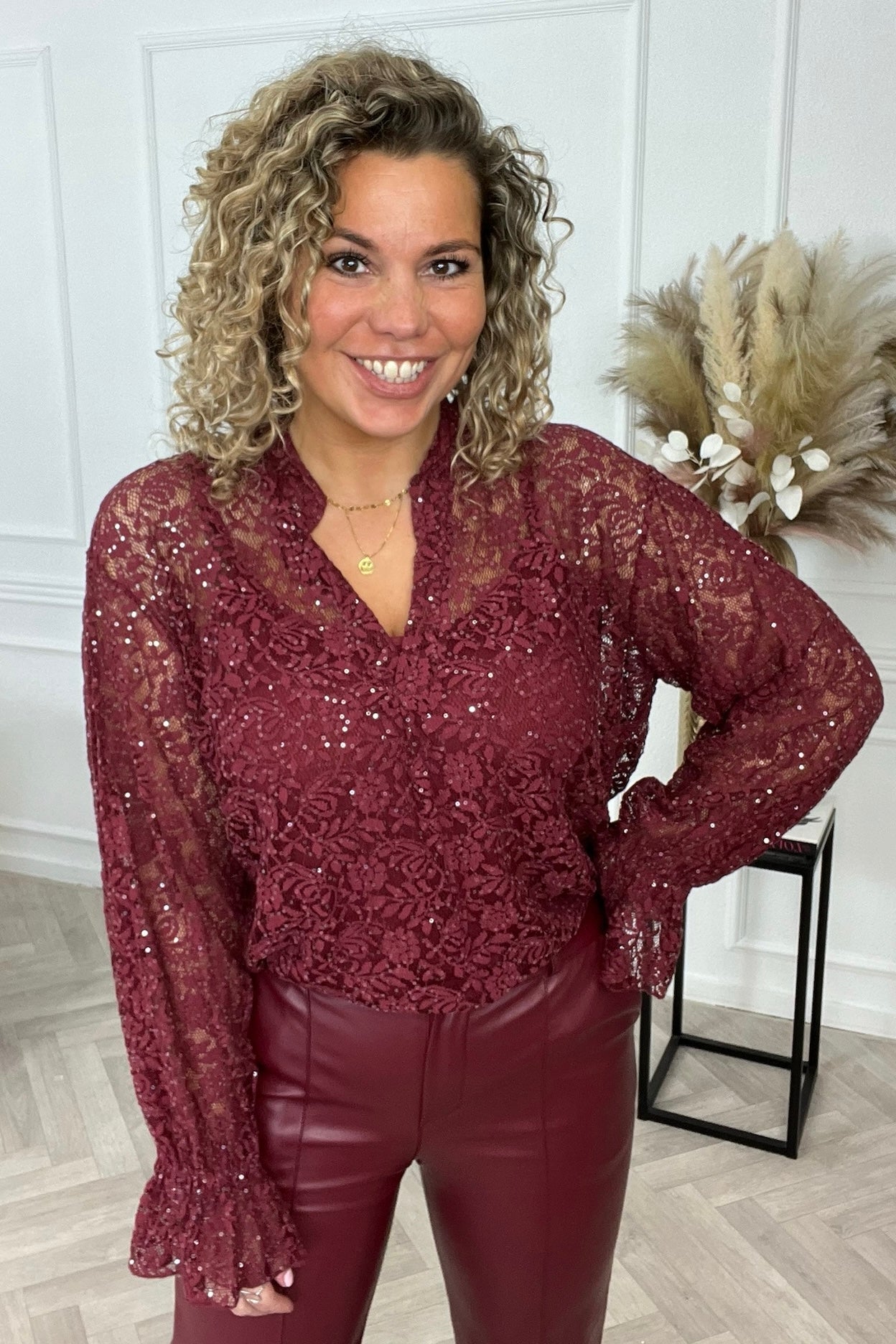 Glitter Lace V Neck Blouse - Bordeaux
