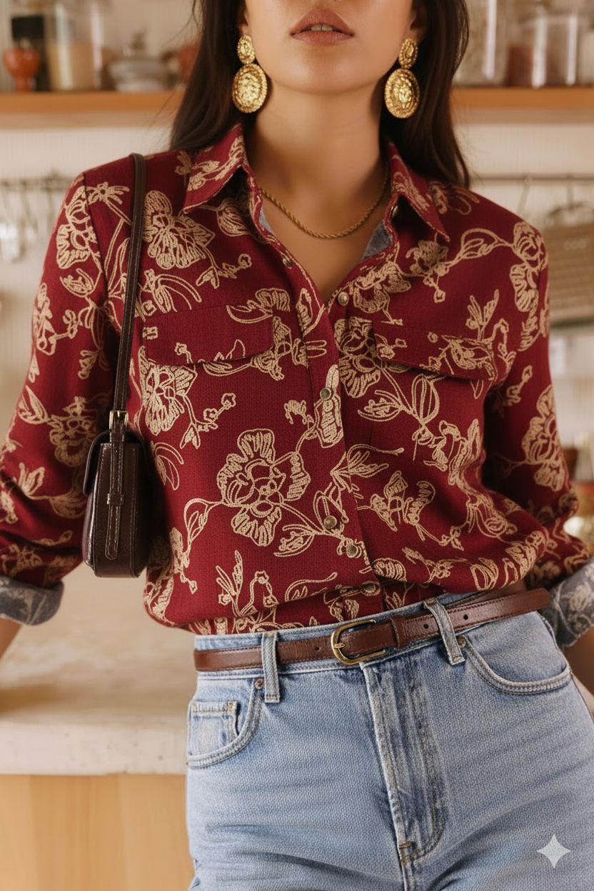 Sèrena Broderie Pocket Blouse - Red/Beige