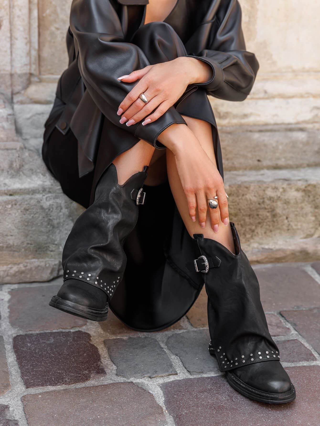 Studded Buckle Western Boots - Black
