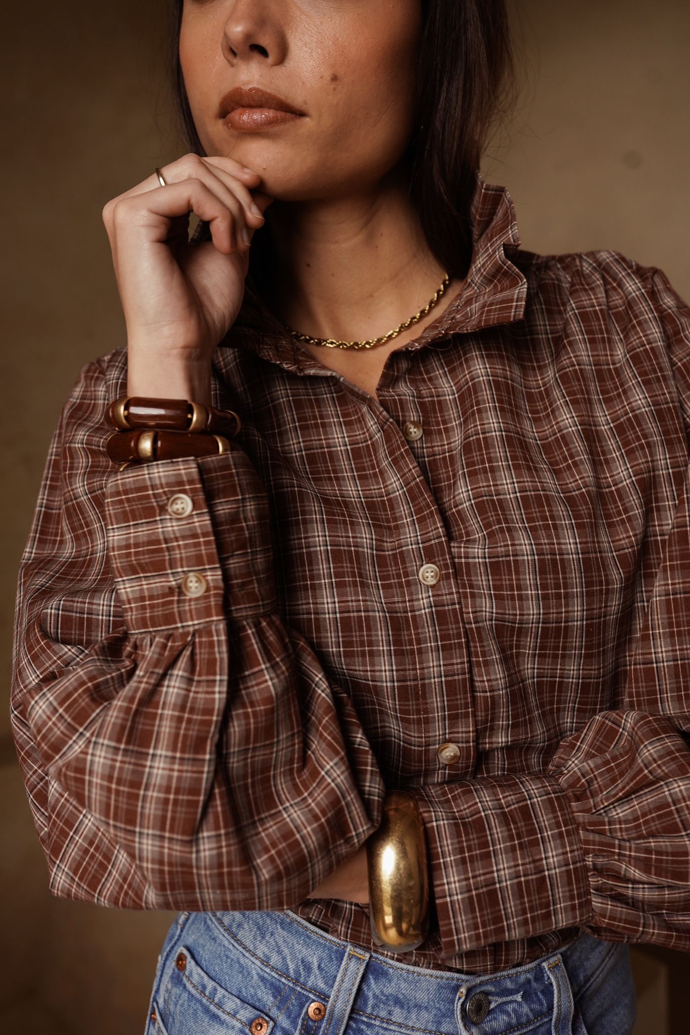 Perfect Checkered Ruffle Blouse - Brown